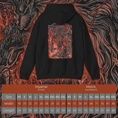 Size chart of a Hooded Sweatshirt design of Laurence the First Vicar from Bloodborne: The Old Hunters, showing the enormous beast towering amid swirling flames, glowing embers, and deep shadows. His grotesque body, elongated claws, and fiery mane create a terrifying silhouette inspired by the iconic boss encounter in the Hunter's Nightmare. The artwork highlights his tragic fall from religious authority to monstrous beast, capturing the gothic atmosphere and relentless horror of Bloodborne.