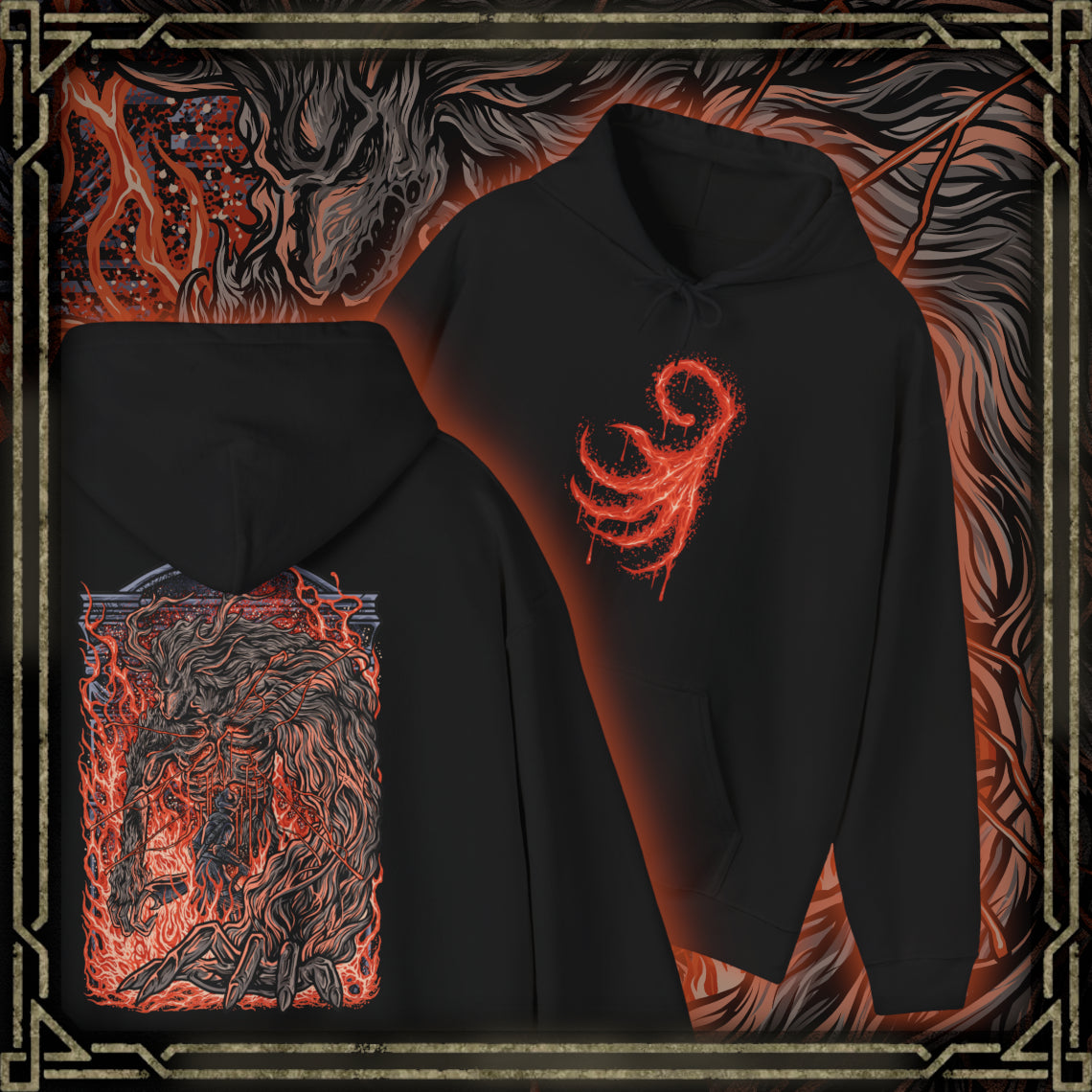 Thumbnail of a Hooded Sweatshirt design of Laurence the First Vicar from Bloodborne: The Old Hunters, showing the enormous beast towering amid swirling flames, glowing embers, and deep shadows. His grotesque body, elongated claws, and fiery mane create a terrifying silhouette inspired by the iconic boss encounter in the Hunter's Nightmare. The artwork highlights his tragic fall from religious authority to monstrous beast, capturing the gothic atmosphere and relentless horror of Bloodborne.