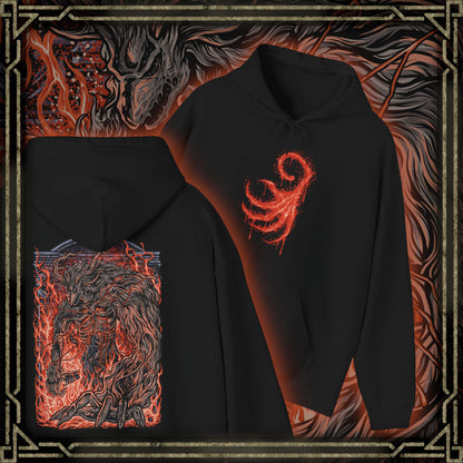 Thumbnail of a Hooded Sweatshirt design of Laurence the First Vicar from Bloodborne: The Old Hunters, showing the enormous beast towering amid swirling flames, glowing embers, and deep shadows. His grotesque body, elongated claws, and fiery mane create a terrifying silhouette inspired by the iconic boss encounter in the Hunter's Nightmare. The artwork highlights his tragic fall from religious authority to monstrous beast, capturing the gothic atmosphere and relentless horror of Bloodborne.