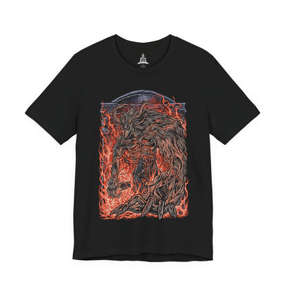 Image 4 of a T-Shirt design of Laurence the First Vicar from Bloodborne: The Old Hunters, depicting the towering cleric transformed into a monstrous beast with burning flesh, elongated limbs, and a terrifying horned silhouette. Flames erupt from his body as embers and dark shadows surround the beast, emphasizing his fiery transformation and tragic downfall. The artwork captures Laurence's connection to the Healing Church, the beastly scourge, and the haunting gothic horror of Bloodborne.