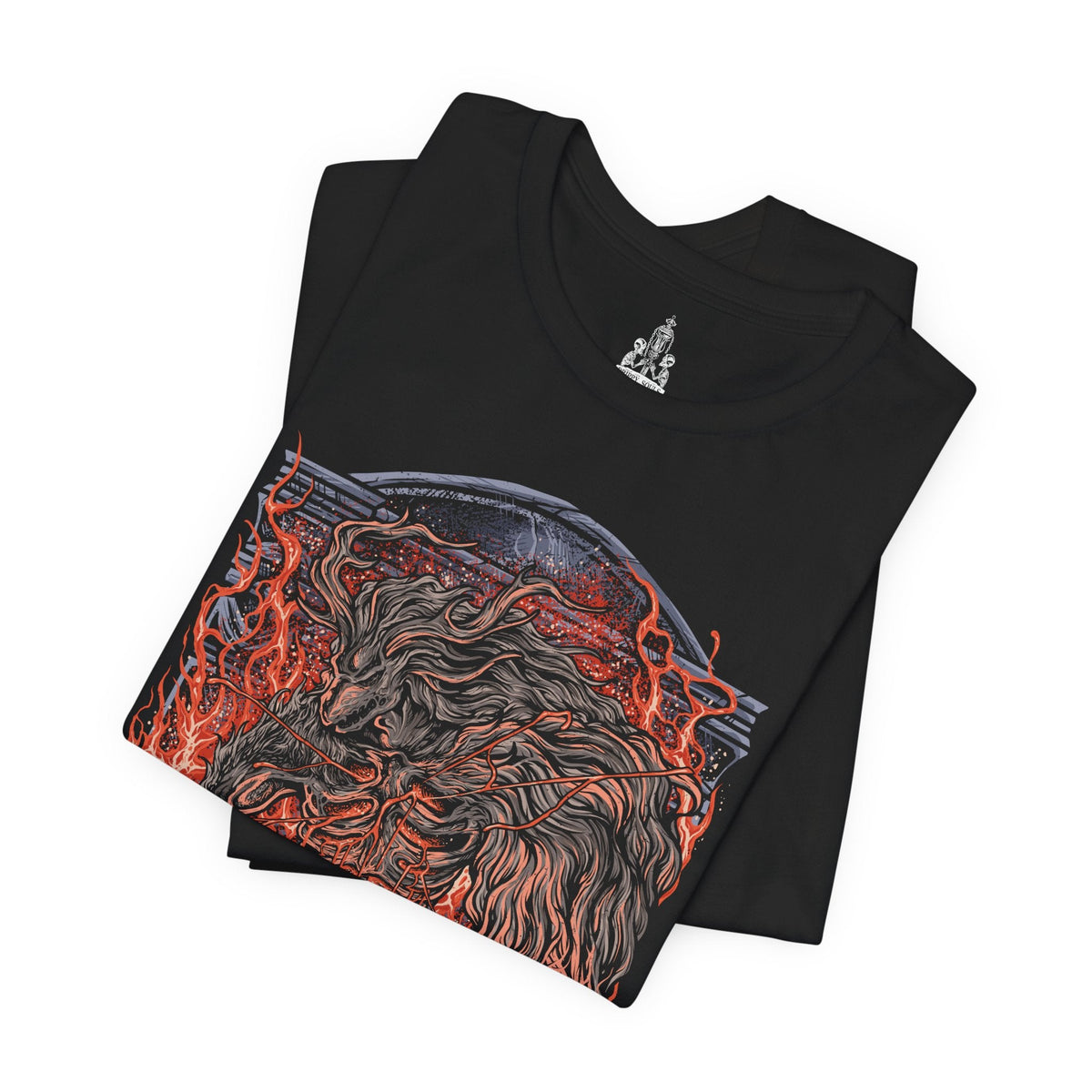 Image 5 of a T-Shirt design of Laurence the First Vicar from Bloodborne: The Old Hunters, depicting the towering cleric transformed into a monstrous beast with burning flesh, elongated limbs, and a terrifying horned silhouette. Flames erupt from his body as embers and dark shadows surround the beast, emphasizing his fiery transformation and tragic downfall. The artwork captures Laurence's connection to the Healing Church, the beastly scourge, and the haunting gothic horror of Bloodborne.