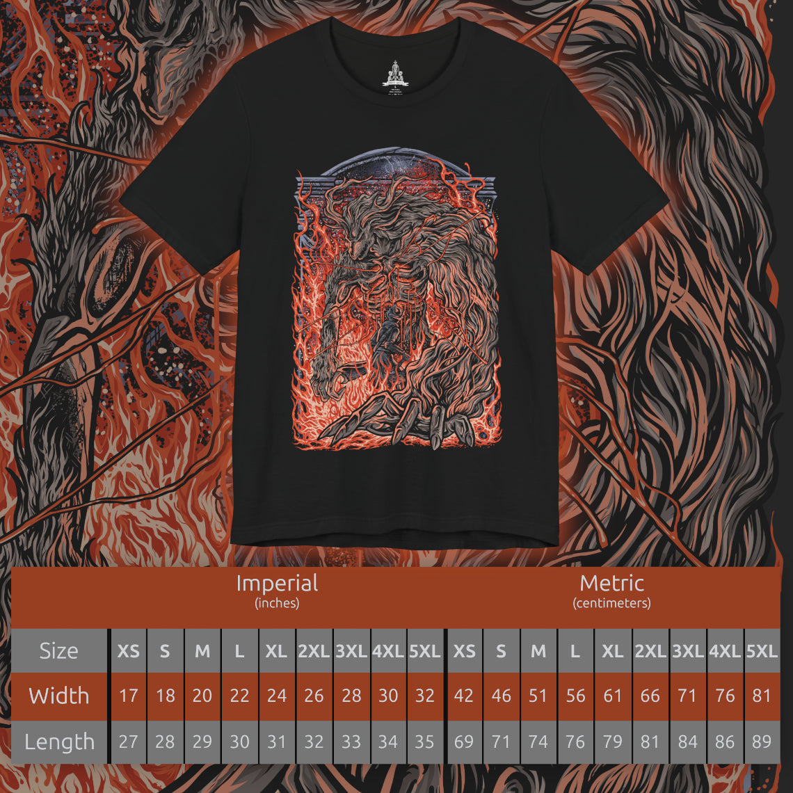 Size chart of a T-Shirt design of Laurence the First Vicar from Bloodborne: The Old Hunters, depicting the towering cleric transformed into a monstrous beast with burning flesh, elongated limbs, and a terrifying horned silhouette. Flames erupt from his body as embers and dark shadows surround the beast, emphasizing his fiery transformation and tragic downfall. The artwork captures Laurence's connection to the Healing Church, the beastly scourge, and the haunting gothic horror of Bloodborne.