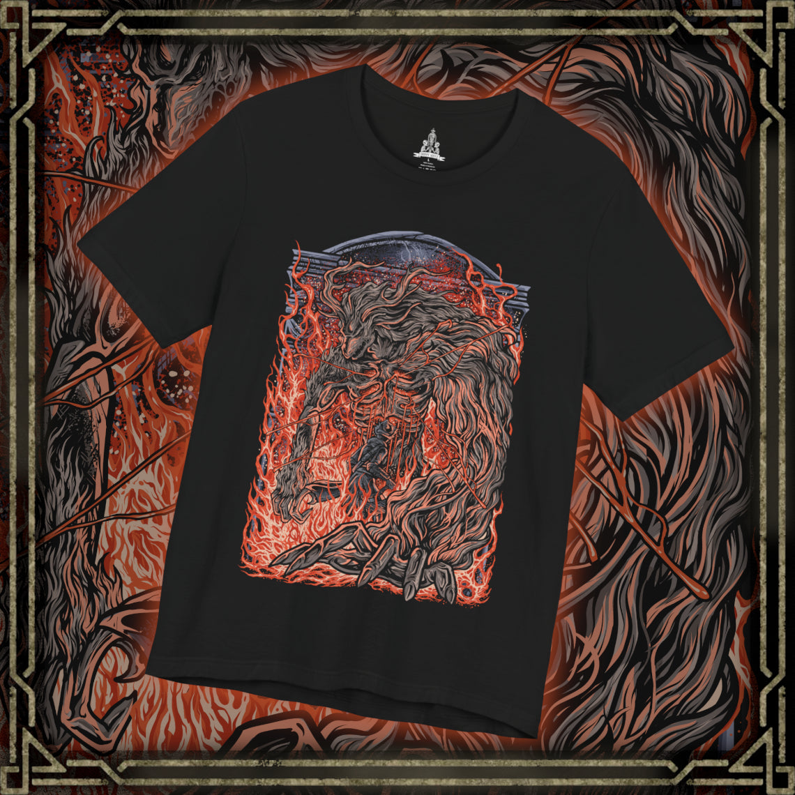 Thumbnail of a T-Shirt design of Laurence the First Vicar from Bloodborne: The Old Hunters, depicting the towering cleric transformed into a monstrous beast with burning flesh, elongated limbs, and a terrifying horned silhouette. Flames erupt from his body as embers and dark shadows surround the beast, emphasizing his fiery transformation and tragic downfall. The artwork captures Laurence's connection to the Healing Church, the beastly scourge, and the haunting gothic horror of Bloodborne.