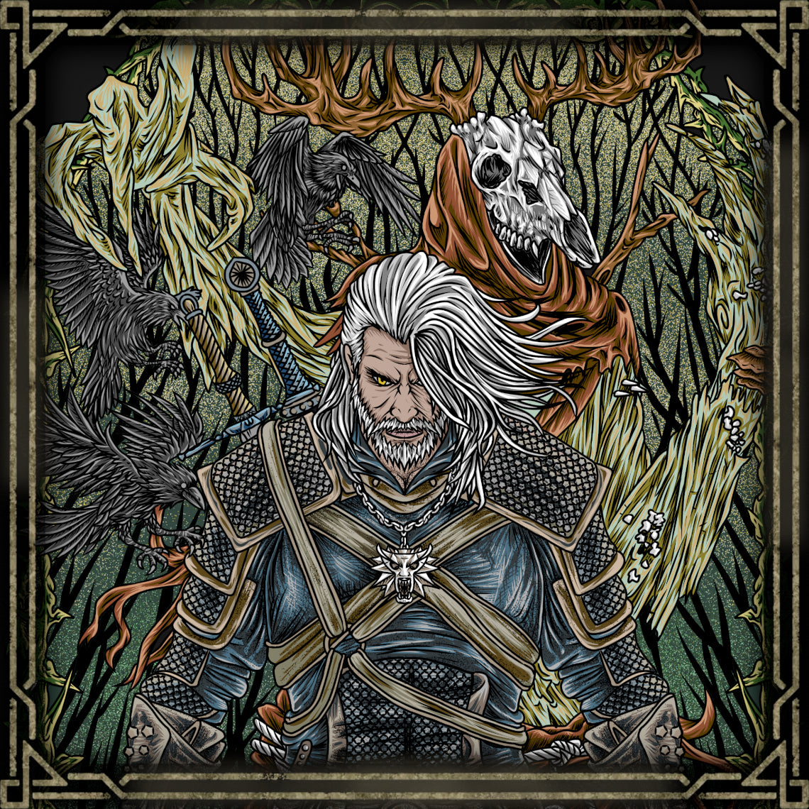 Artwork of Leshen Lord of the Wood. The Leshen is one of the oldest and most terrifying monsters in The Witcher 3. A guardian spirit bound to ancient forests, it commands roots, crows, and woodland beasts. Often worshipped by isolated villagers, the Leshen punishes those who defile its domain, embodying nature’s wrath and the primal balance between man and wilderness.