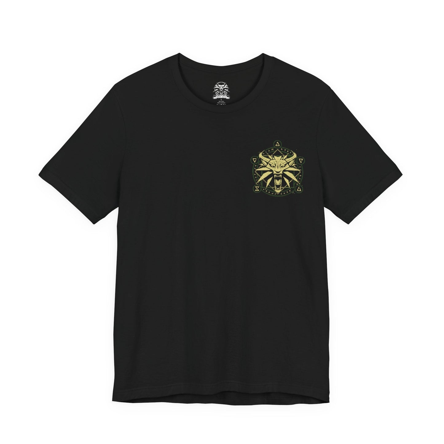 Image 4 of a T-shirt artwork depicting a Leshen emerging from the depths of a cursed woodland, its bark-covered body etched with pagan symbols and eldritch markings. Shrouded in fog and shadow, the creature commands beasts and roots alike, embodying the ancient, merciless forces that punish those who trespass upon sacred forests in The Witcher 3.