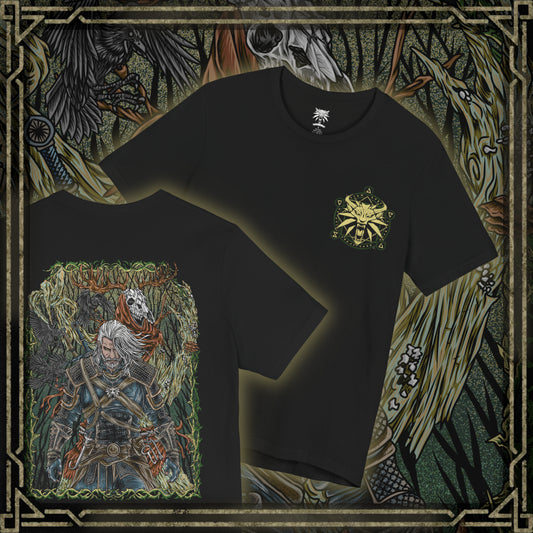 Thumbnail of a T-shirt artwork depicting a Leshen emerging from the depths of a cursed woodland, its bark-covered body etched with pagan symbols and eldritch markings. Shrouded in fog and shadow, the creature commands beasts and roots alike, embodying the ancient, merciless forces that punish those who trespass upon sacred forests in The Witcher 3.