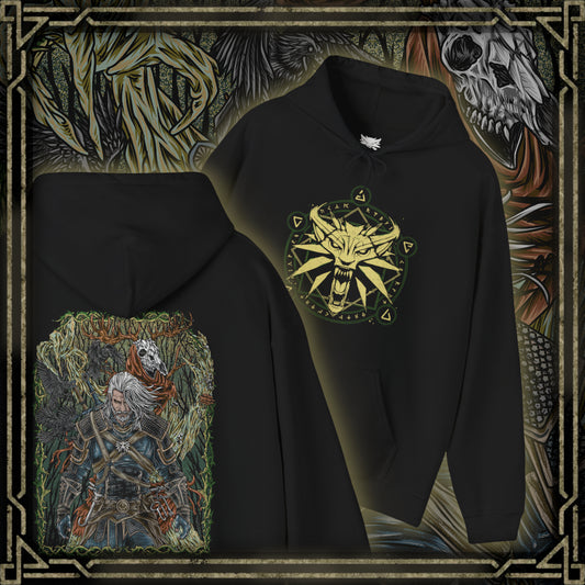 Thumbnail of a Hooded Sweatshirt of a Leshen stalking through a moonlit forest, its towering wooden limbs and skull-like face radiating dread. Crows scatter as runic magic pulses through its antlers, binding the creature to ancient rituals and blood sacrifices. This design reflects the mythic horror and pagan brutality that define one of The Witcher 3’s most feared monsters.