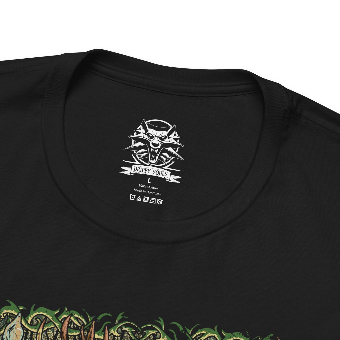Folded T-shirt design of a Leshen from The Witcher 3: Wild Hunt, towering within a dark, ancient forest as twisted branches and roots coil around its skeletal form. Antlers crown its wooden skull, glowing runes carved into bark and bone as ravens circle above. The design captures the primal terror of a forest spirit bound to old magic, vengeance, and nature’s wrath.