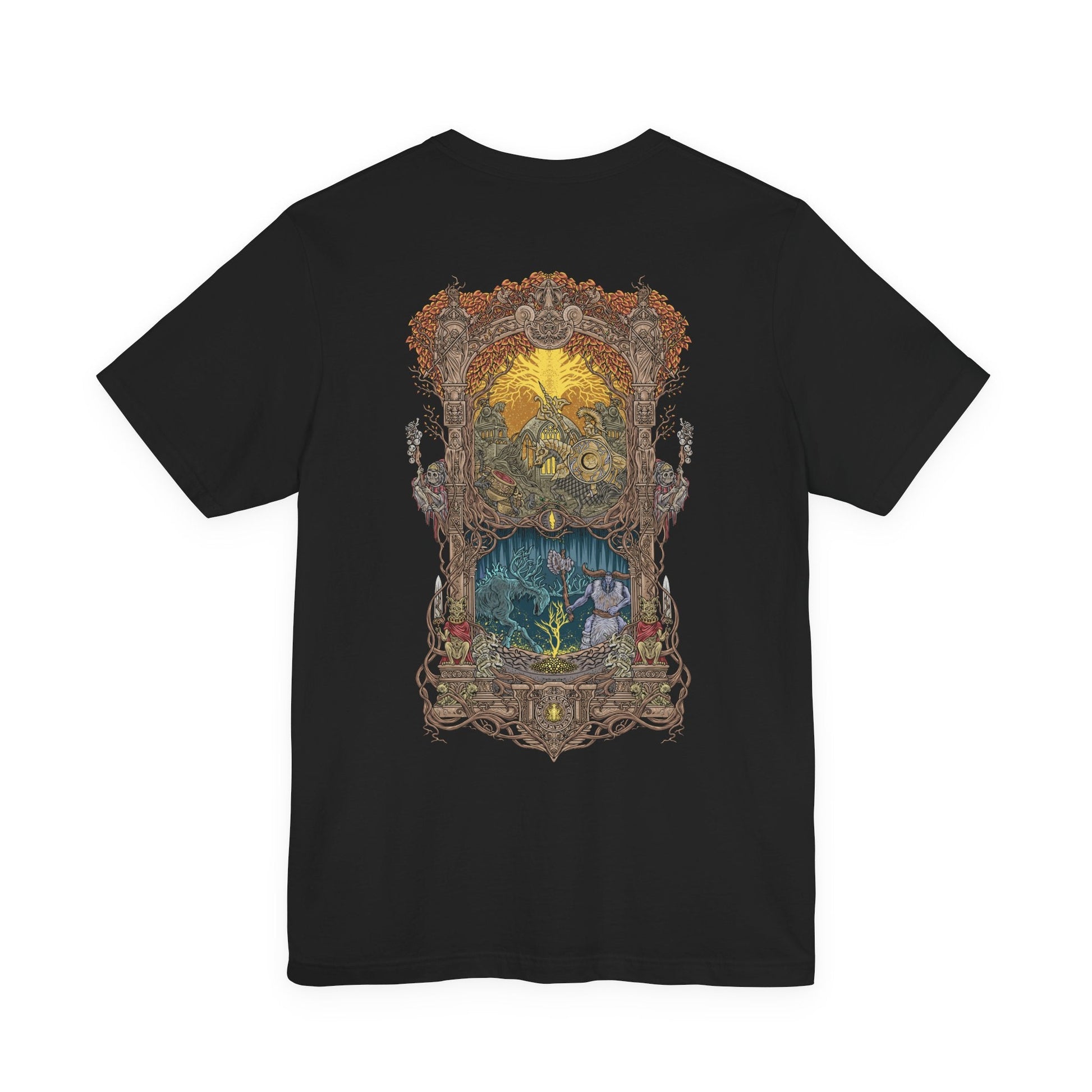 Image 5 of a T-shirt artwork depicting the golden skyline of Leyndell beneath the Erdtree’s glow, where a Tree Sentinel stands vigilant with halberd raised. Beyond the capital’s grandeur, the ethereal Ancestral Spirit appears among ancient ruins, its spirit form glowing with blue fire. This design reflects the tension between established divine power and the lingering magic of ancestral rites.