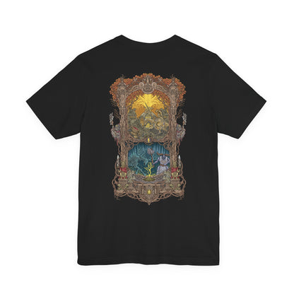 Image 5 of a T-shirt artwork depicting the golden skyline of Leyndell beneath the Erdtree’s glow, where a Tree Sentinel stands vigilant with halberd raised. Beyond the capital’s grandeur, the ethereal Ancestral Spirit appears among ancient ruins, its spirit form glowing with blue fire. This design reflects the tension between established divine power and the lingering magic of ancestral rites.