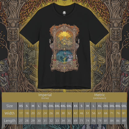 Size chart of a T-shirt artwork depicting the golden skyline of Leyndell beneath the Erdtree’s glow, where a Tree Sentinel stands vigilant with halberd raised. Beyond the capital’s grandeur, the ethereal Ancestral Spirit appears among ancient ruins, its spirit form glowing with blue fire. This design reflects the tension between established divine power and the lingering magic of ancestral rites.