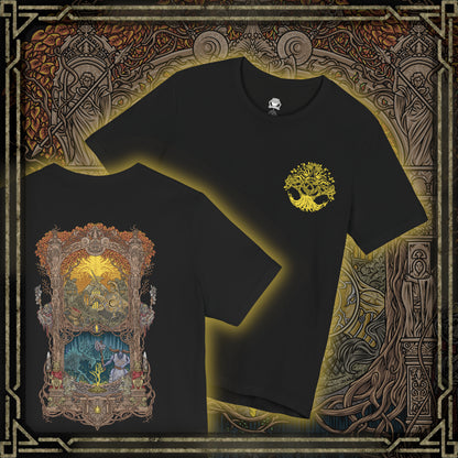 Thumbnail of a T-shirt artwork depicting the golden skyline of Leyndell beneath the Erdtree’s glow, where a Tree Sentinel stands vigilant with halberd raised. Beyond the capital’s grandeur, the ethereal Ancestral Spirit appears among ancient ruins, its spirit form glowing with blue fire. This design reflects the tension between established divine power and the lingering magic of ancestral rites.