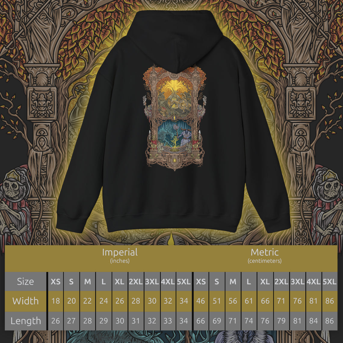Size chart of a Hooded Sweatshirt if Leyndell’s massive walls and radiant avenues overshadowed by the Erdtree, while a Tree Sentinel charges forward in brilliant gold plate. In haunting contrast, the majestic Ancestral Spirit emerges from misty ruins, its antlers blazing with spectral light. The design emphasizes faith, forgotten traditions, and the layered spiritual conflict defining the Lands Between.