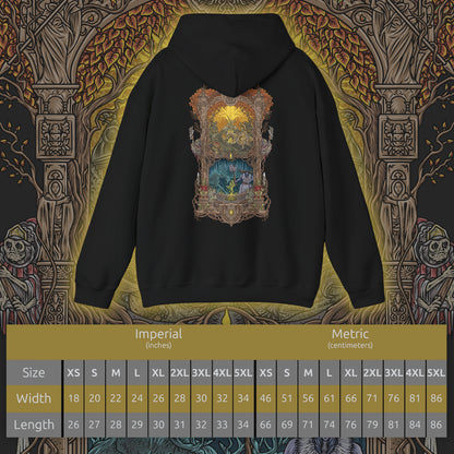 Size chart of a Hooded Sweatshirt if Leyndell’s massive walls and radiant avenues overshadowed by the Erdtree, while a Tree Sentinel charges forward in brilliant gold plate. In haunting contrast, the majestic Ancestral Spirit emerges from misty ruins, its antlers blazing with spectral light. The design emphasizes faith, forgotten traditions, and the layered spiritual conflict defining the Lands Between.
