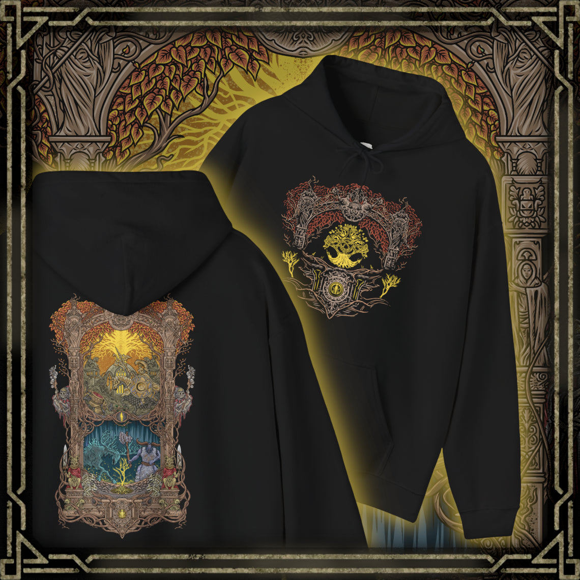 Thumbnail of a Hooded Sweatshirt if Leyndell’s massive walls and radiant avenues overshadowed by the Erdtree, while a Tree Sentinel charges forward in brilliant gold plate. In haunting contrast, the majestic Ancestral Spirit emerges from misty ruins, its antlers blazing with spectral light. The design emphasizes faith, forgotten traditions, and the layered spiritual conflict defining the Lands Between.