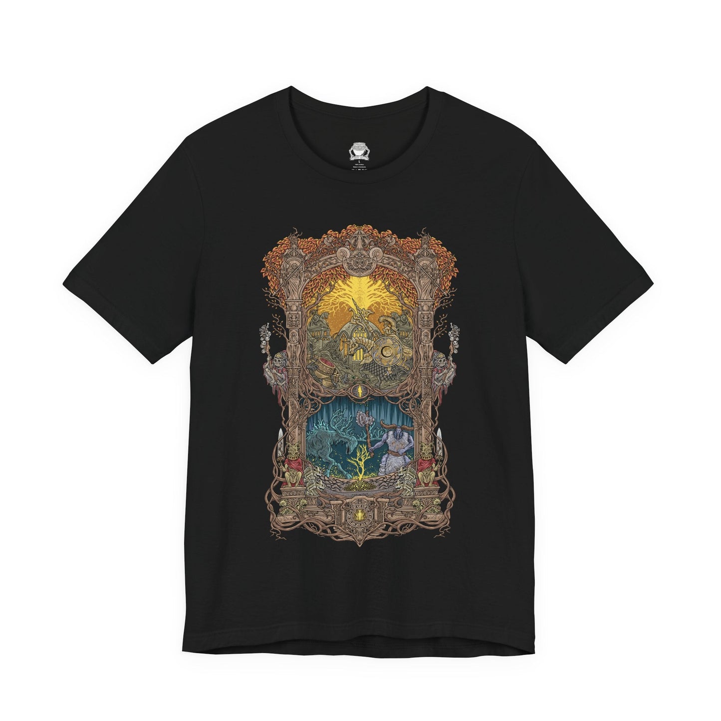 Image 4 of a T-shirt design of Leyndell, Royal Capital from Elden Ring, with a towering Tree Sentinel clad in radiant golden armor guarding the city gates. In the distant spectral wilds, the luminous Ancestral Spirit drifts through ghostly woods beneath a pale sky. The composition contrasts holy order and ancient pagan reverence, capturing the divide between Erdtree authority and forgotten primordial worship.