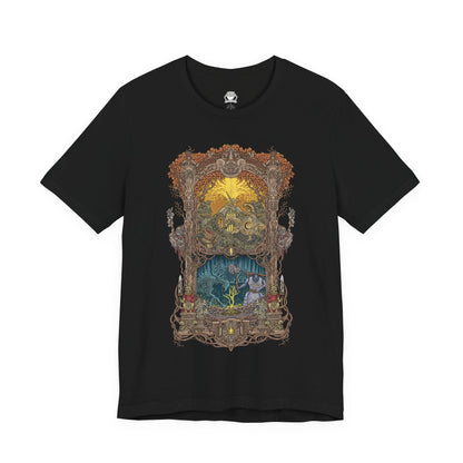 Image 4 of a T-shirt design of Leyndell, Royal Capital from Elden Ring, with a towering Tree Sentinel clad in radiant golden armor guarding the city gates. In the distant spectral wilds, the luminous Ancestral Spirit drifts through ghostly woods beneath a pale sky. The composition contrasts holy order and ancient pagan reverence, capturing the divide between Erdtree authority and forgotten primordial worship.