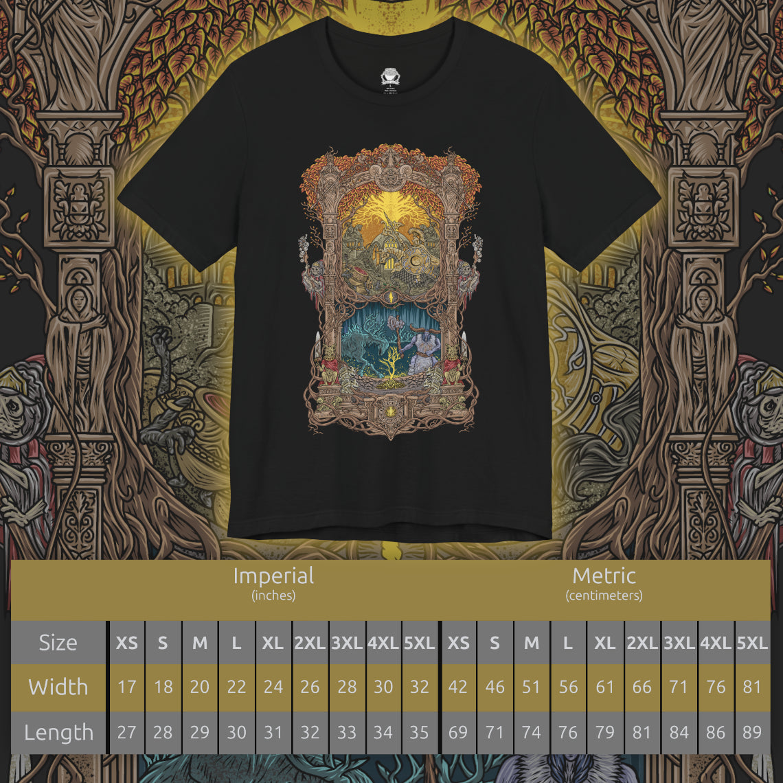 Size chart of a T-shirt design of Leyndell, Royal Capital from Elden Ring, with a towering Tree Sentinel clad in radiant golden armor guarding the city gates. In the distant spectral wilds, the luminous Ancestral Spirit drifts through ghostly woods beneath a pale sky. The composition contrasts holy order and ancient pagan reverence, capturing the divide between Erdtree authority and forgotten primordial worship.
