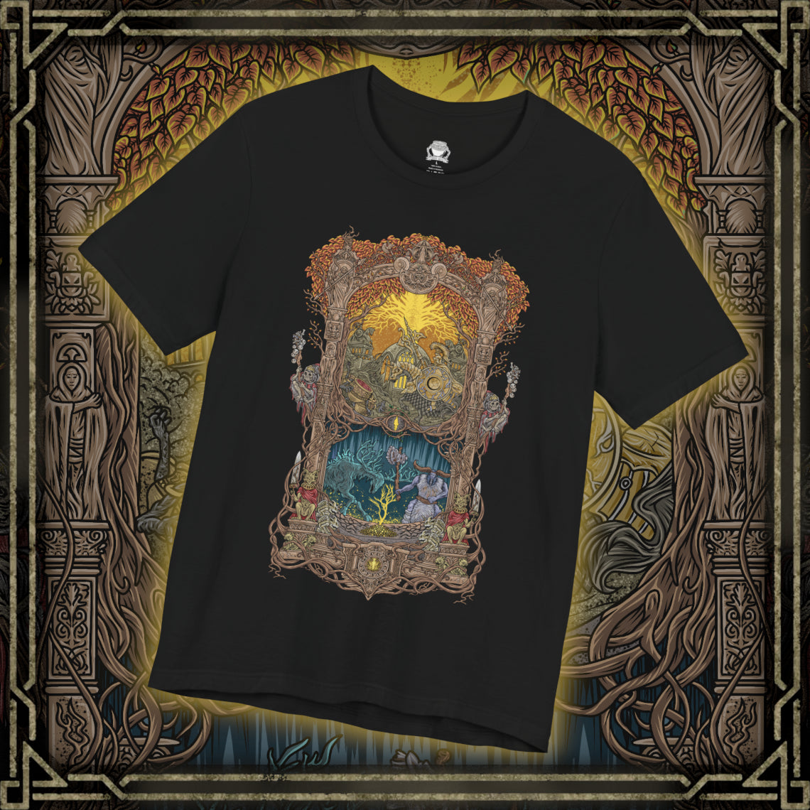 Thumbnail of a T-shirt design of Leyndell, Royal Capital from Elden Ring, with a towering Tree Sentinel clad in radiant golden armor guarding the city gates. In the distant spectral wilds, the luminous Ancestral Spirit drifts through ghostly woods beneath a pale sky. The composition contrasts holy order and ancient pagan reverence, capturing the divide between Erdtree authority and forgotten primordial worship.