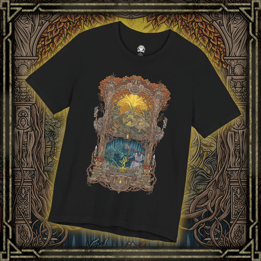 Thumbnail of a T-shirt design of Leyndell, Royal Capital from Elden Ring, with a towering Tree Sentinel clad in radiant golden armor guarding the city gates. In the distant spectral wilds, the luminous Ancestral Spirit drifts through ghostly woods beneath a pale sky. The composition contrasts holy order and ancient pagan reverence, capturing the divide between Erdtree authority and forgotten primordial worship.
