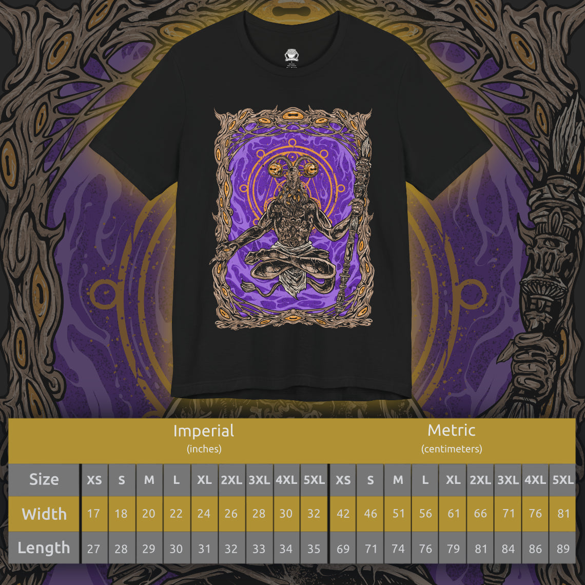 Size chart of a Elden Ring Nightreign inspired T-shirt showcasing Libra, a deceptive demon who uses alchemy to trade power for sanity. His goat-headed visage and merchant disguise are rendered in dark, intricate detail, along with scales that symbolize his obsession with fairness. The artwork reflects his role as a dealer of madness through false gold and cursed boons.