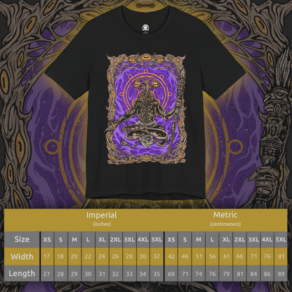 Size chart of a Elden Ring Nightreign inspired T-shirt showcasing Libra, a deceptive demon who uses alchemy to trade power for sanity. His goat-headed visage and merchant disguise are rendered in dark, intricate detail, along with scales that symbolize his obsession with fairness. The artwork reflects his role as a dealer of madness through false gold and cursed boons.