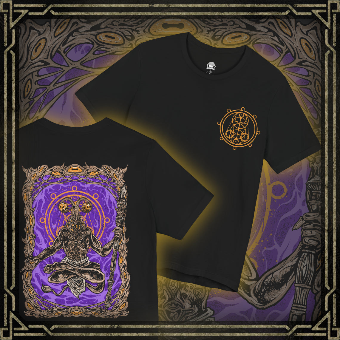 Thumbnail of a Elden Ring Nightreign inspired T-shirt showcasing Libra, a deceptive demon who uses alchemy to trade power for sanity. His goat-headed visage and merchant disguise are rendered in dark, intricate detail, along with scales that symbolize his obsession with fairness. The artwork reflects his role as a dealer of madness through false gold and cursed boons.