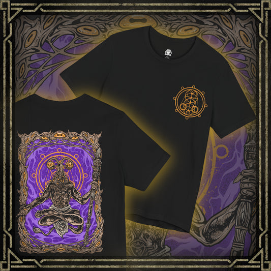 Thumbnail of a Elden Ring Nightreign inspired T-shirt showcasing Libra, a deceptive demon who uses alchemy to trade power for sanity. His goat-headed visage and merchant disguise are rendered in dark, intricate detail, along with scales that symbolize his obsession with fairness. The artwork reflects his role as a dealer of madness through false gold and cursed boons.