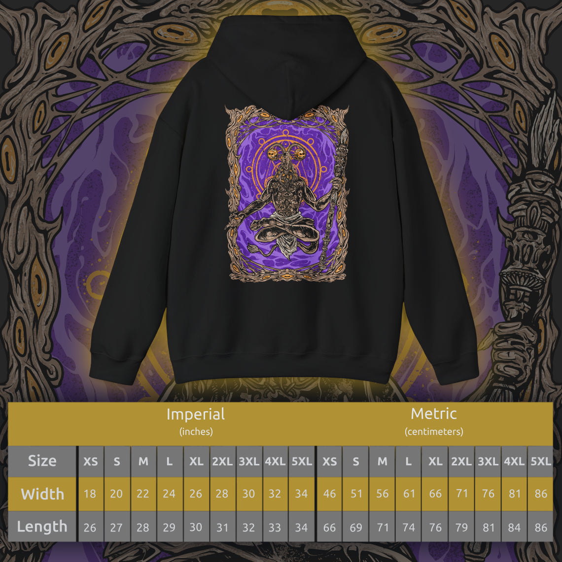 Size chart of a This Elden Ring Nightreign-inspired Hoodie features Libra, a cunning, goat-headed demon cloaked in the illusion of a wandering merchant. Rendered in haunting detail, the design captures his cursed scales and the alchemical deceit behind his offers—power bought with sanity. A symbol of twisted fairness, Libra peddles false gold and unholy bargains that lure Nightfarers into madness.