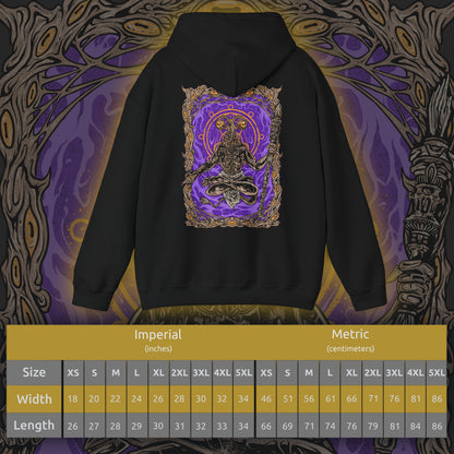 Size chart of a This Elden Ring Nightreign-inspired Hoodie features Libra, a cunning, goat-headed demon cloaked in the illusion of a wandering merchant. Rendered in haunting detail, the design captures his cursed scales and the alchemical deceit behind his offers—power bought with sanity. A symbol of twisted fairness, Libra peddles false gold and unholy bargains that lure Nightfarers into madness.