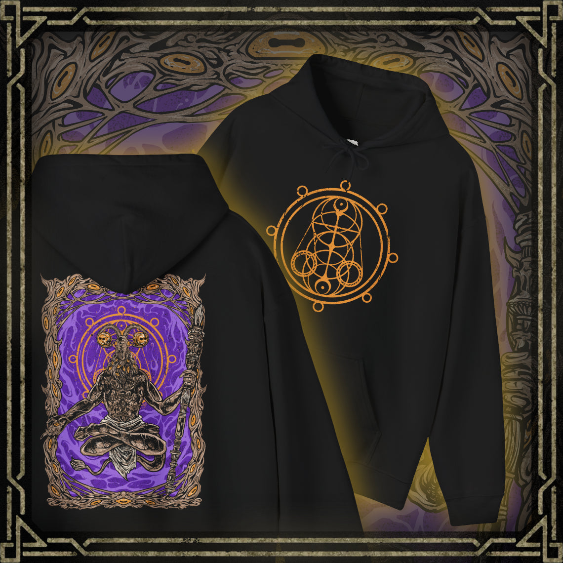 Thumbnail of a This Elden Ring Nightreign-inspired Hoodie features Libra, a cunning, goat-headed demon cloaked in the illusion of a wandering merchant. Rendered in haunting detail, the design captures his cursed scales and the alchemical deceit behind his offers—power bought with sanity. A symbol of twisted fairness, Libra peddles false gold and unholy bargains that lure Nightfarers into madness.