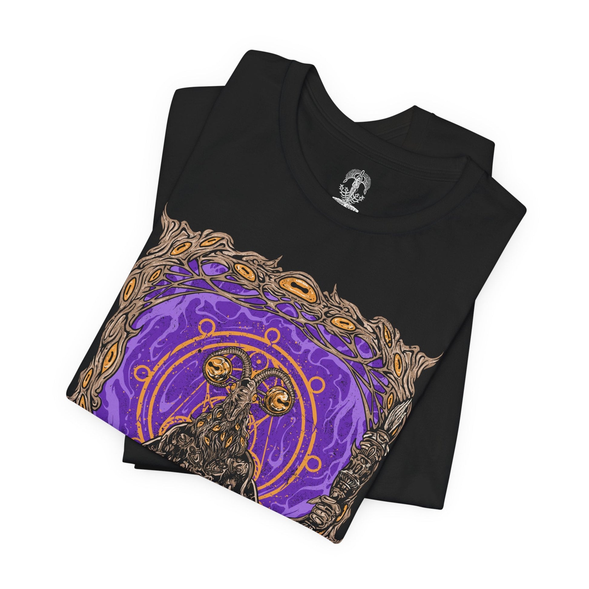 Image 5 of a Elden Ring Nightreign-inspired t-shirt design depicting Libra, the goat-headed demon who masquerades as a Scale-Bearing Merchant. The artwork highlights his cursed scales and twisted alchemy, offering Tarnished players deceptive bargains that grant power at the cost of sanity. His form echoes madness and balance, with counterfeit gold as the root of corruption.