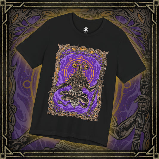Thumbnail of a Elden Ring Nightreign-inspired t-shirt design depicting Libra, the goat-headed demon who masquerades as a Scale-Bearing Merchant. The artwork highlights his cursed scales and twisted alchemy, offering Tarnished players deceptive bargains that grant power at the cost of sanity. His form echoes madness and balance, with counterfeit gold as the root of corruption.