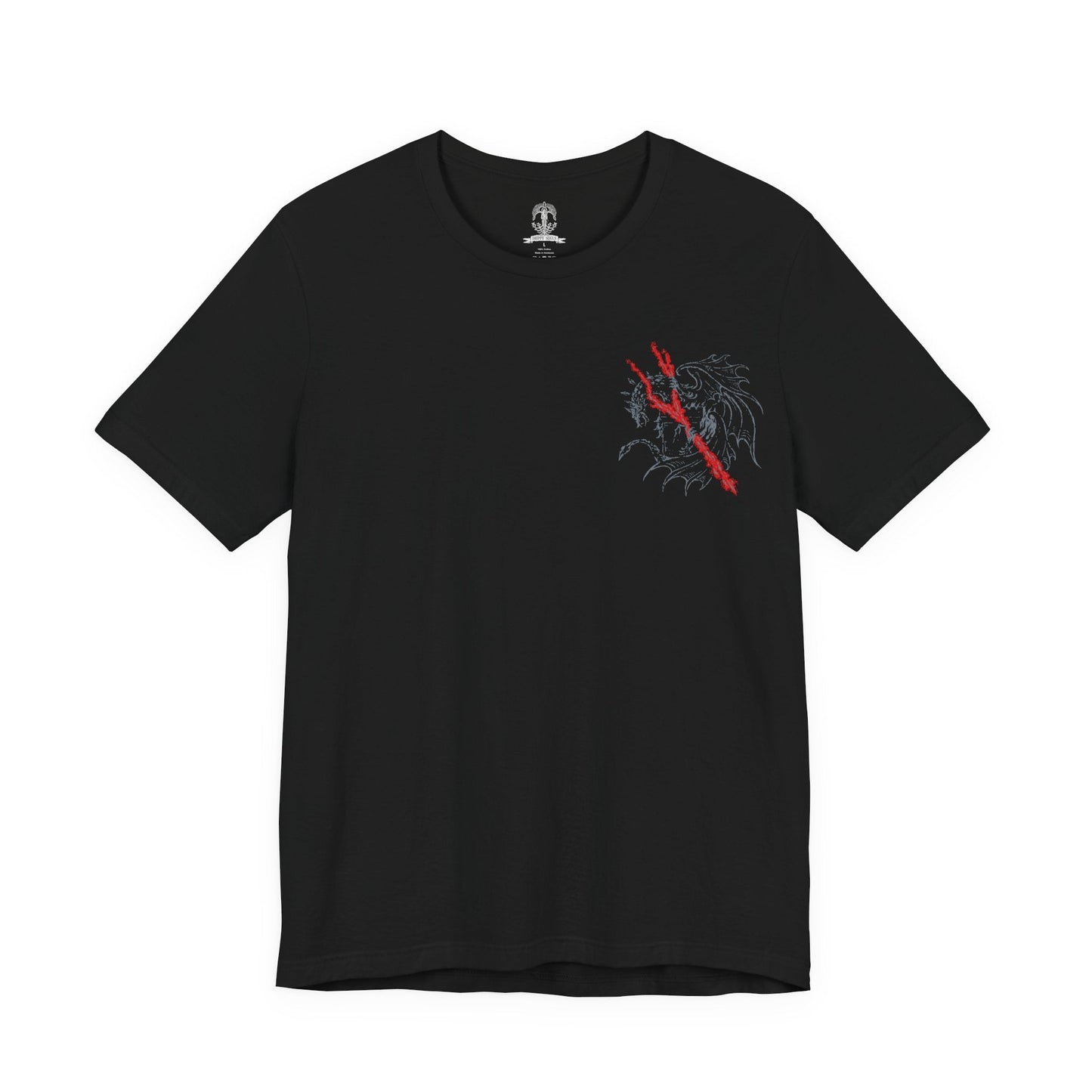 Image 4 of a T-shirt featuring Lichdragon Fortissax from Elden Ring, the legendary dragon bound by death and lightning. Once a fierce protector of Godwyn the Golden, Fortissax now rots in undeath, cloaked in red lightning and sorrow. This design captures the mythical scale and decayed majesty of the dragon locked in eternal mourning.