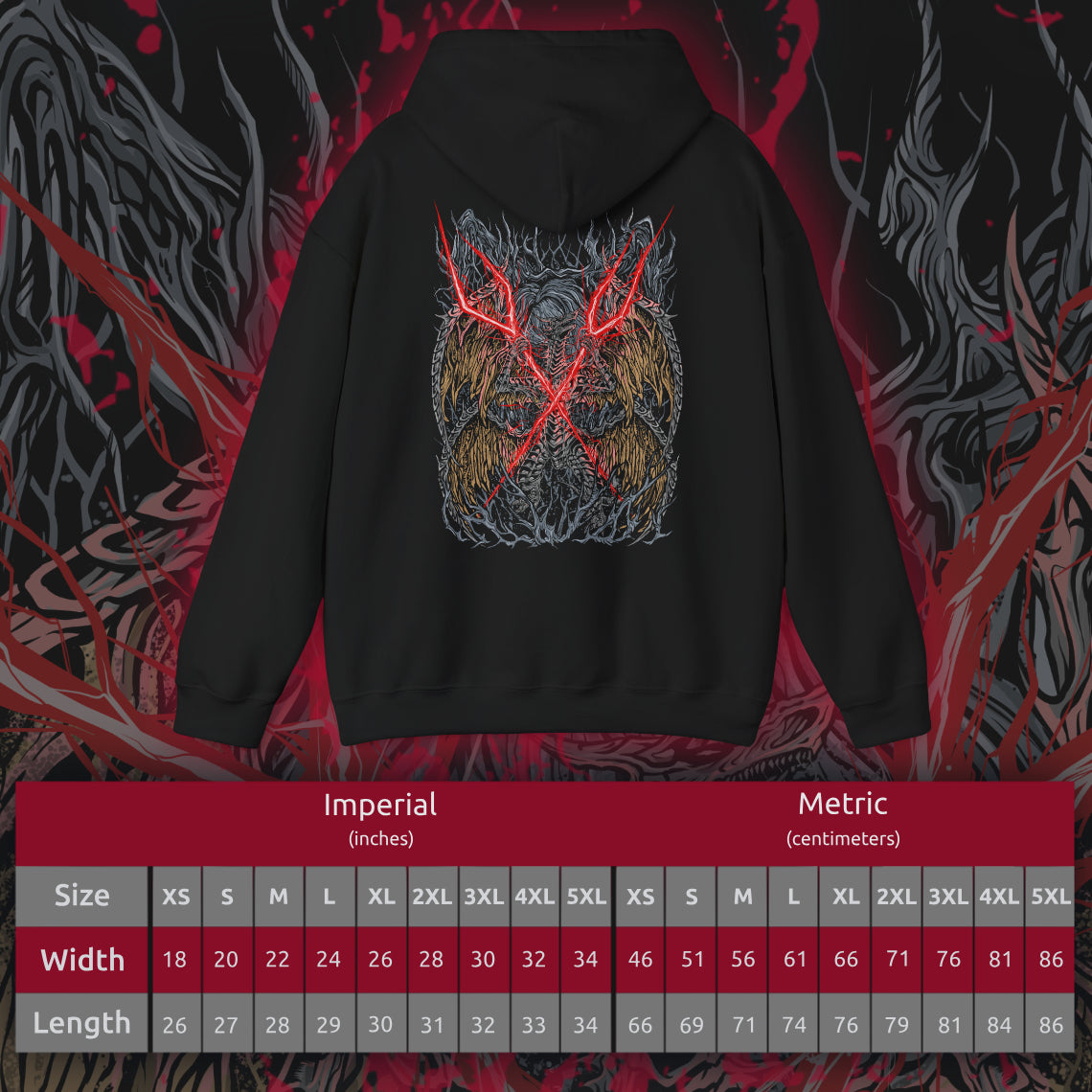Size chart of a Hooded Sweatshirt featuring Lichdragon Fortissax from Elden Ring, displaying the imposing, deathly dragon enveloped in red lightning, ideal for fans captivated by this legendary boss and the dark lore of the Lands Between.