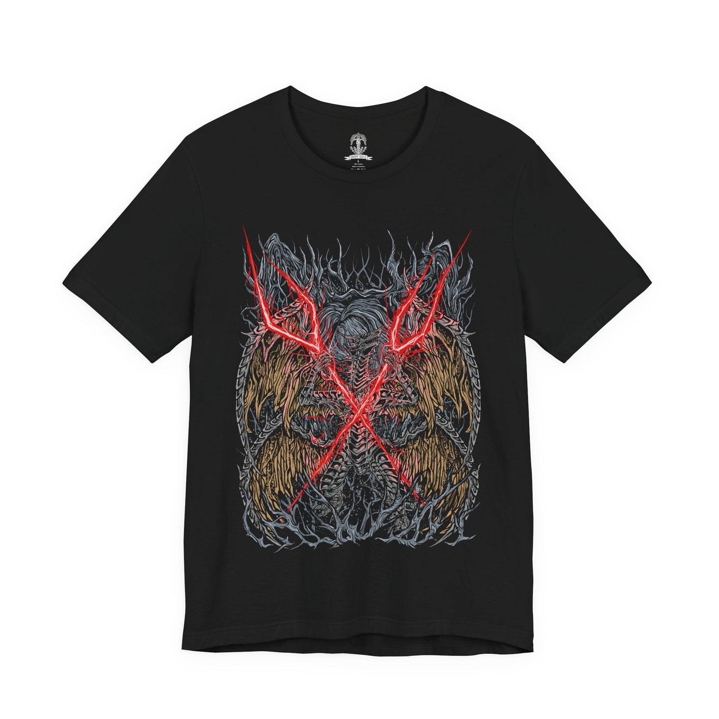 Image 4 of a T-shirt featuring Lichdragon Fortissax from Elden Ring, the ancient dragon bound to death and decay through his loyalty to Prince Fia. Wreathed in crimson lightning and skeletal wings, Fortissax is both majestic and cursed, symbolizing the tragic corruption of immortality. This design captures the fierce elegance of the dragon’s decayed form, locked in eternal slumber within Deeproot Depths.