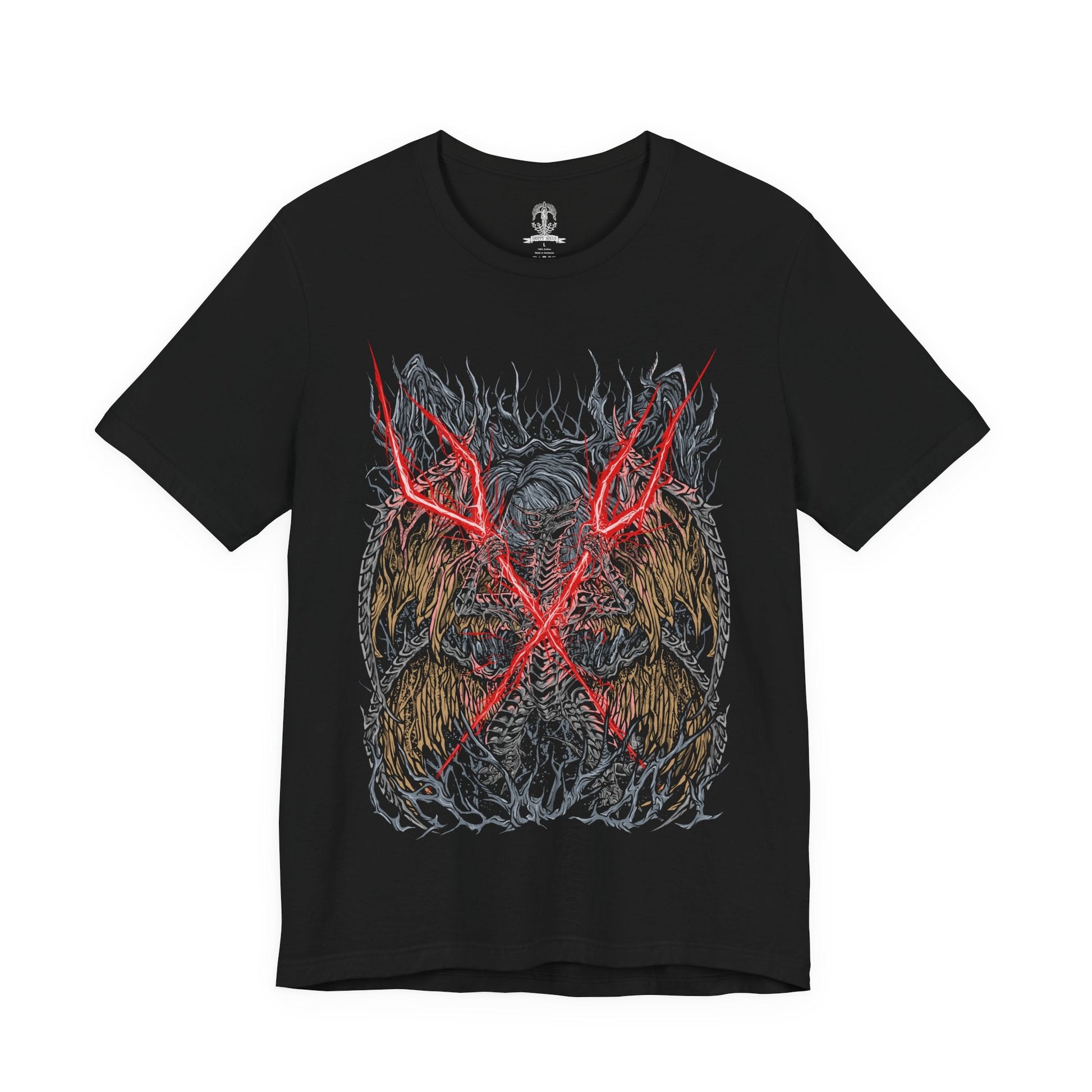 Image 4 of a T-shirt featuring Lichdragon Fortissax from Elden Ring, the ancient dragon bound to death and decay through his loyalty to Prince Fia. Wreathed in crimson lightning and skeletal wings, Fortissax is both majestic and cursed, symbolizing the tragic corruption of immortality. This design captures the fierce elegance of the dragon’s decayed form, locked in eternal slumber within Deeproot Depths.
