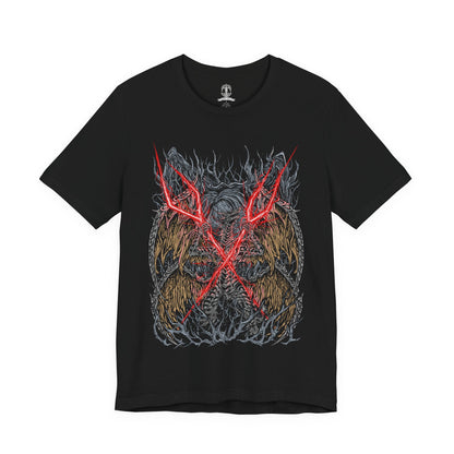 Image 4 of a T-shirt featuring Lichdragon Fortissax from Elden Ring, the ancient dragon bound to death and decay through his loyalty to Prince Fia. Wreathed in crimson lightning and skeletal wings, Fortissax is both majestic and cursed, symbolizing the tragic corruption of immortality. This design captures the fierce elegance of the dragon’s decayed form, locked in eternal slumber within Deeproot Depths.