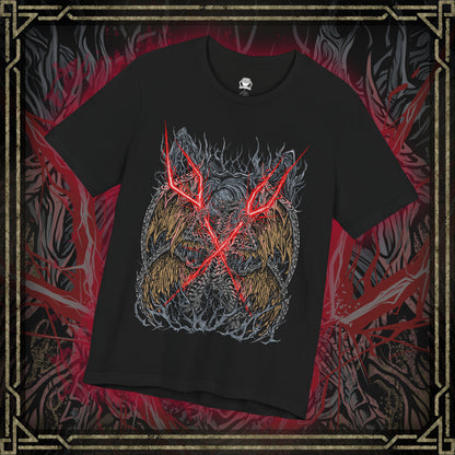 Thumbnail of a T-shirt featuring Lichdragon Fortissax from Elden Ring, the ancient dragon bound to death and decay through his loyalty to Prince Fia. Wreathed in crimson lightning and skeletal wings, Fortissax is both majestic and cursed, symbolizing the tragic corruption of immortality. This design captures the fierce elegance of the dragon’s decayed form, locked in eternal slumber within Deeproot Depths.