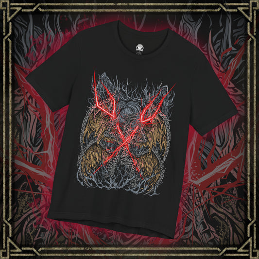 Thumbnail of a T-shirt featuring Lichdragon Fortissax from Elden Ring, the ancient dragon bound to death and decay through his loyalty to Prince Fia. Wreathed in crimson lightning and skeletal wings, Fortissax is both majestic and cursed, symbolizing the tragic corruption of immortality. This design captures the fierce elegance of the dragon’s decayed form, locked in eternal slumber within Deeproot Depths.