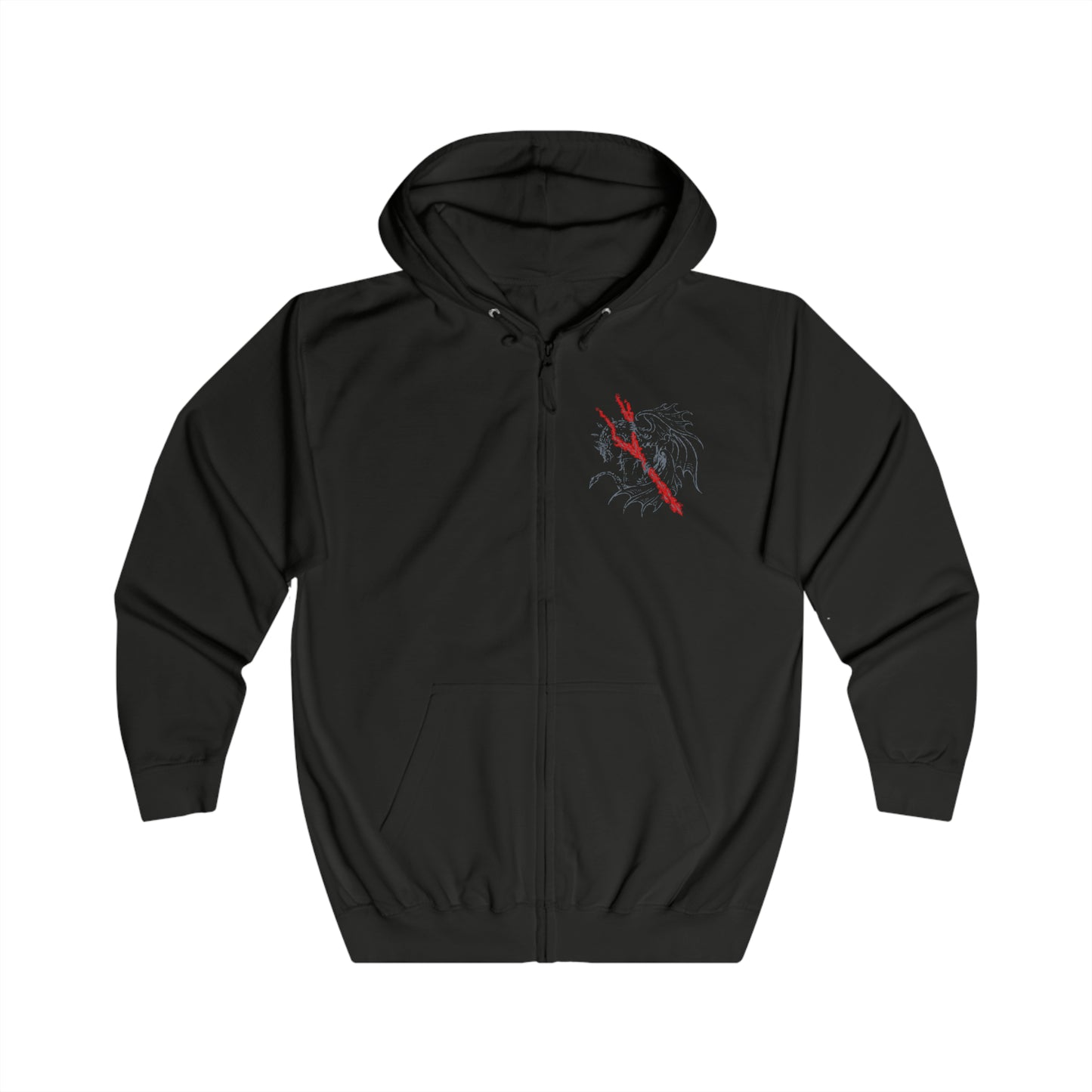 Image 4 of a Zip-up Hooded Sweatshirt featuring Lichdragon Fortissax from Elden Ring, the majestic twin-headed dragon once allied with Godwyn the Golden. Wreathed in crimson lightning and deathly flame, Fortissax embodies both nobility and decay. This design captures the ancient draconic power of a being corrupted by death, yet still clinging to the remnants of divine loyalty and honor.