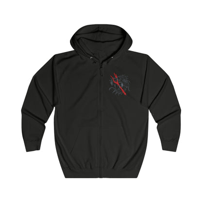 Image 4 of a Zip-up Hooded Sweatshirt featuring Lichdragon Fortissax from Elden Ring, the majestic twin-headed dragon once allied with Godwyn the Golden. Wreathed in crimson lightning and deathly flame, Fortissax embodies both nobility and decay. This design captures the ancient draconic power of a being corrupted by death, yet still clinging to the remnants of divine loyalty and honor.