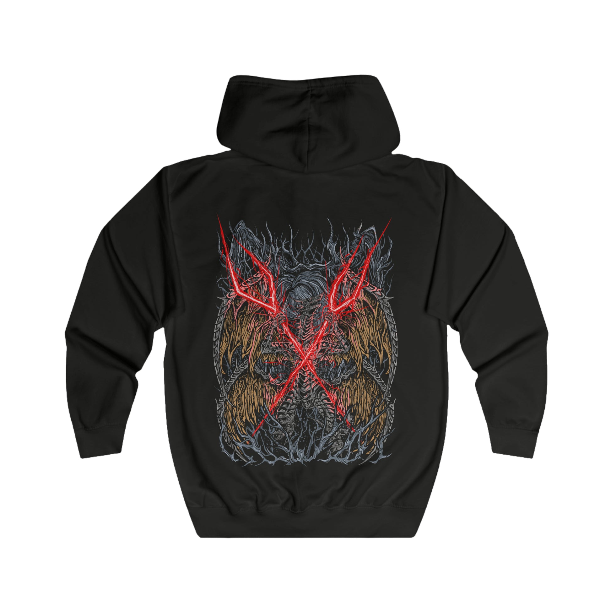 Folded Zip-up Hooded Sweatshirt featuring Lichdragon Fortissax from Elden Ring, the majestic twin-headed dragon once allied with Godwyn the Golden. Wreathed in crimson lightning and deathly flame, Fortissax embodies both nobility and decay. This design captures the ancient draconic power of a being corrupted by death, yet still clinging to the remnants of divine loyalty and honor.