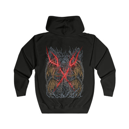Folded Zip-up Hooded Sweatshirt featuring Lichdragon Fortissax from Elden Ring, the majestic twin-headed dragon once allied with Godwyn the Golden. Wreathed in crimson lightning and deathly flame, Fortissax embodies both nobility and decay. This design captures the ancient draconic power of a being corrupted by death, yet still clinging to the remnants of divine loyalty and honor.