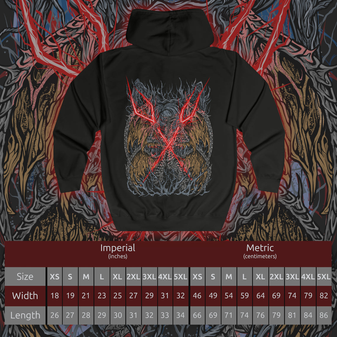 Size chart of a Zip-up Hooded Sweatshirt featuring Lichdragon Fortissax from Elden Ring, the majestic twin-headed dragon once allied with Godwyn the Golden. Wreathed in crimson lightning and deathly flame, Fortissax embodies both nobility and decay. This design captures the ancient draconic power of a being corrupted by death, yet still clinging to the remnants of divine loyalty and honor.