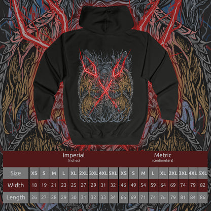 Size chart of a Zip-up Hooded Sweatshirt featuring Lichdragon Fortissax from Elden Ring, the majestic twin-headed dragon once allied with Godwyn the Golden. Wreathed in crimson lightning and deathly flame, Fortissax embodies both nobility and decay. This design captures the ancient draconic power of a being corrupted by death, yet still clinging to the remnants of divine loyalty and honor.