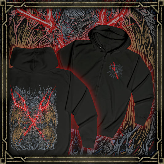 Thumbnail of a Zip-up Hooded Sweatshirt featuring Lichdragon Fortissax from Elden Ring, the majestic twin-headed dragon once allied with Godwyn the Golden. Wreathed in crimson lightning and deathly flame, Fortissax embodies both nobility and decay. This design captures the ancient draconic power of a being corrupted by death, yet still clinging to the remnants of divine loyalty and honor.