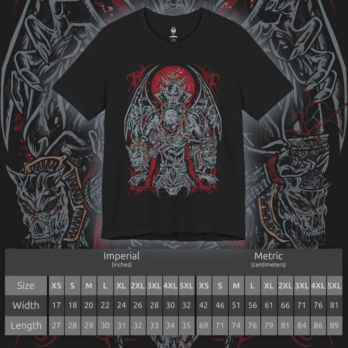Size chart of a Skyrim T-shirt showcasing Harkon in his Vampire Lord form, embodying the full might of the Volkihar bloodline. Surrounded by necrotic energy and the pale shimmer of moonlit magic, Harkon represents ambition twisted into monstrosity. This artwork highlights his batlike wings, demonic strength, and relentless pursuit of eternal darkness.