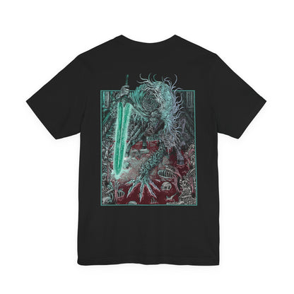 Image 5 of a T-shirt featuring Ludwig the Accursed from Bloodborne, the first Hunter of the Healing Church, now grotesquely transformed into a beast. Twisted by bloodlust and guilt, Ludwig’s horse-like maw and tortured form evoke both horror and tragedy. This design captures his fall from revered knight to nightmarish monstrosity beneath the Nightmare’s moon.