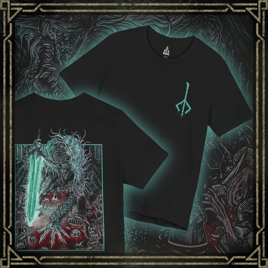 Thumbnail of a T-shirt featuring Ludwig the Accursed from Bloodborne, the first Hunter of the Healing Church, now grotesquely transformed into a beast. Twisted by bloodlust and guilt, Ludwig’s horse-like maw and tortured form evoke both horror and tragedy. This design captures his fall from revered knight to nightmarish monstrosity beneath the Nightmare’s moon.
